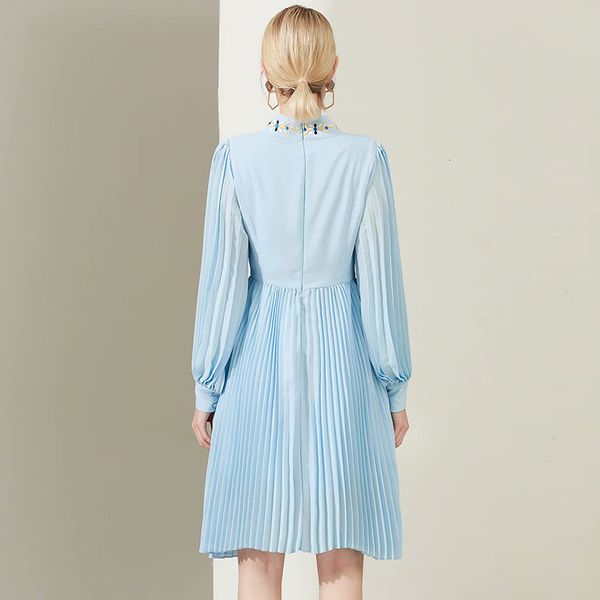

dress seqinyy blue 2021 early spring fashion design female sleeve long embroidered flowers plied knee, Black;gray