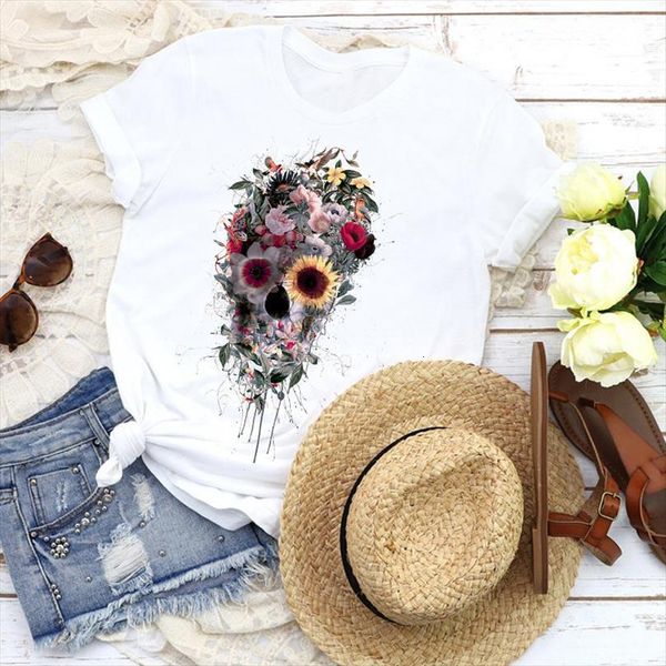 

men graphic lady fashion horror floral flower skull streetwear tees print shirt clothing female mens, White;black