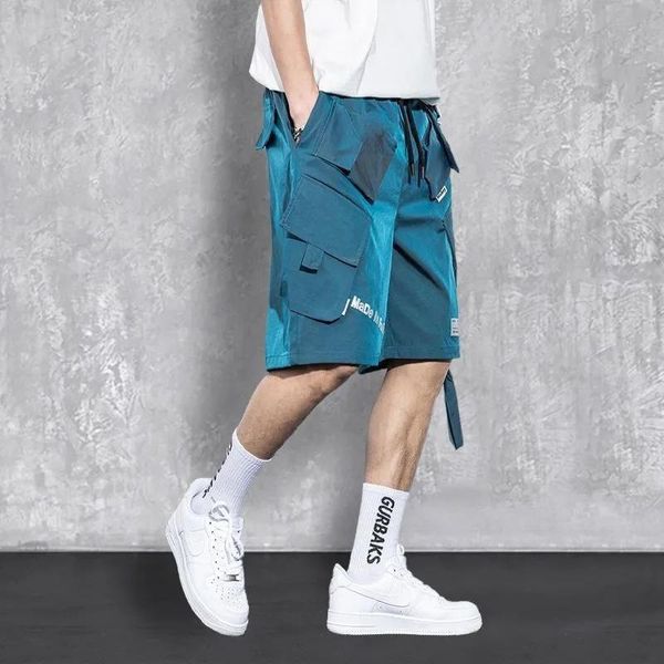 

men's shorts laser reflective overalls male big yards loose logo summer japanese leisure 5 minutes of pants pocket, White;black