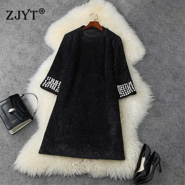 

elegant women luxury pearls solid black dress autumn winter clothes designers casual knee length robe femme party vestidos 210601, Black;gray