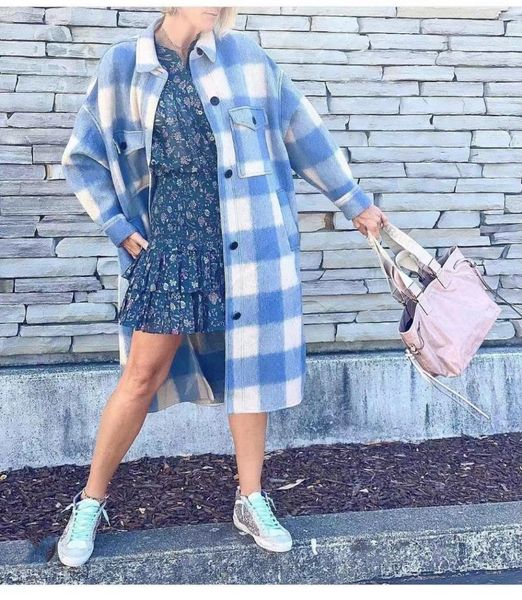 

women's wool & blends women coats 2021 winter style plaid woolen buttoned pocket contrast color long loose commuter coat, Black