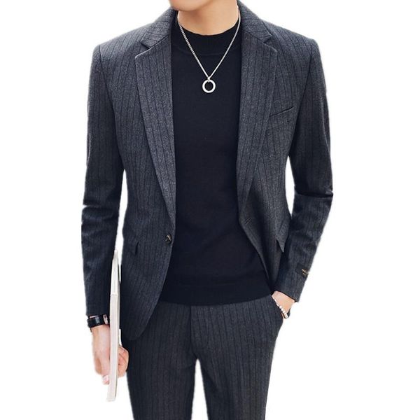 

men's business leisure style stripe spring 2021 suit coat male slim fit party banquet 2 pieces set blazers jacket pants trousers suits, White;black