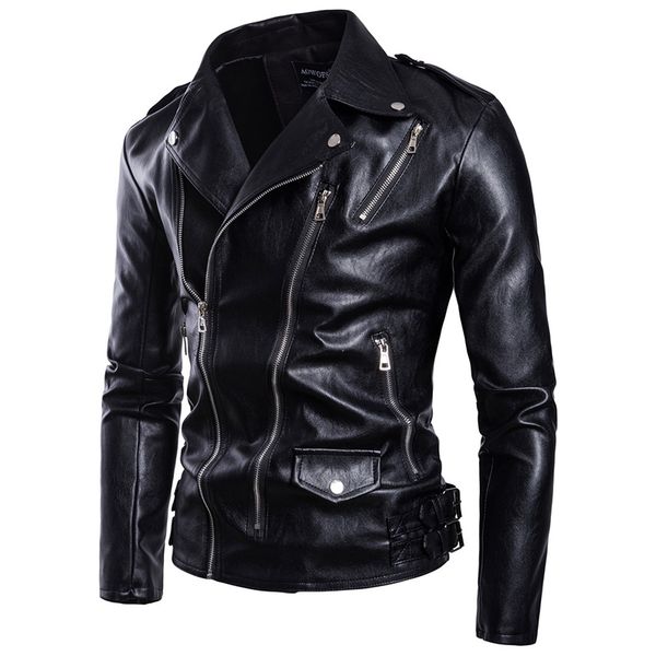 

asian size s-5xl men casual leather clothes more zippers belt decorate autumn and winter coat zipper wristband jacket, Black