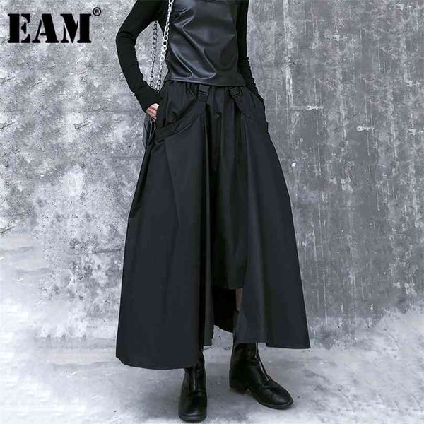 

[eam] high elastic waist black buckle split joint irregularhalf-body skirt women fashion spring autumn 1da108 210629