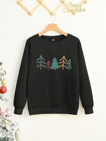 

plus christmas trees print thermal lined sweatshirt p0we#, Black