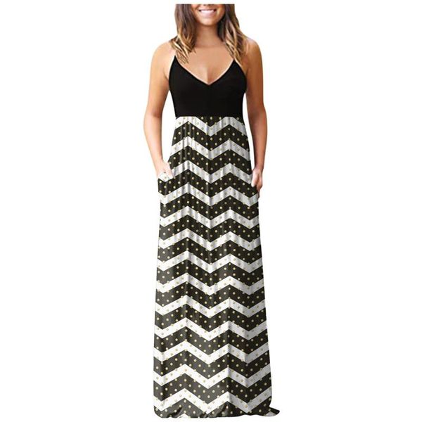 

casual dresses wave striped dress women 2021 summer ladies spaghetti strap backless long maxi robe femme vestido verano mujer, Black;gray