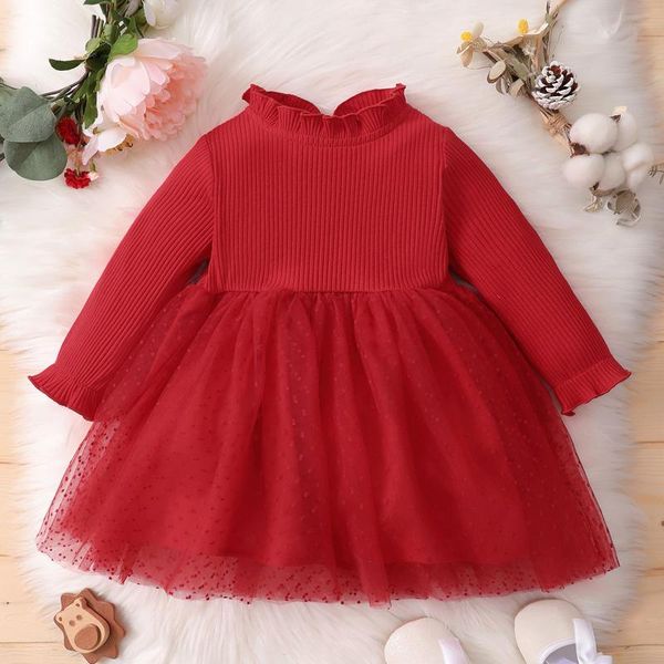 

girl's dresses 3-24m baby girls dress for born christmas clothes toddler kid round neck cartoon solid patchwork long sleeve skirt, Red;yellow