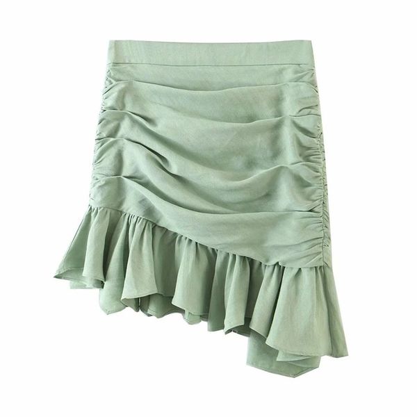 

summer new women linen asymmetric pleated ruffled hem skirt high-waist stylish casual female skirts ropa mujer falda 210412, Black