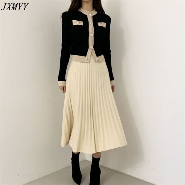 

chic office ladies single breasted pearl buttons cardigan sweater+pleated long skirt suit spring autumn knitted 2 piece set 210510, White