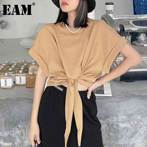 

[eam] women khaki big size bow irregular casual t-shirt round neck short sleeve fashion spring summer 1dd8263 210512, White