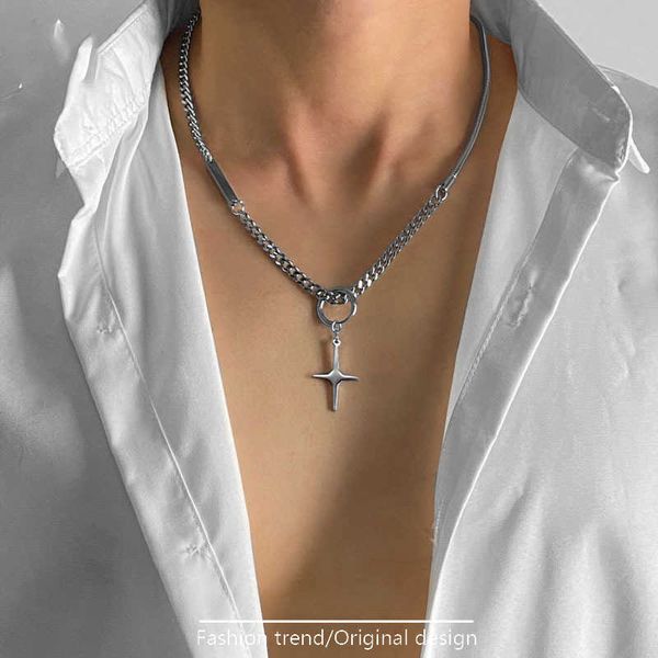 

cool wind minority titanium steel chain splicing necklace trend cross pendant clavicle hip hop neck man, Silver