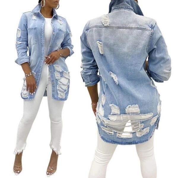 

fashion denim jackets women ripped hole streetwear long jeans jacket autumn light blue jacker coat plus size demin women's, Black;brown