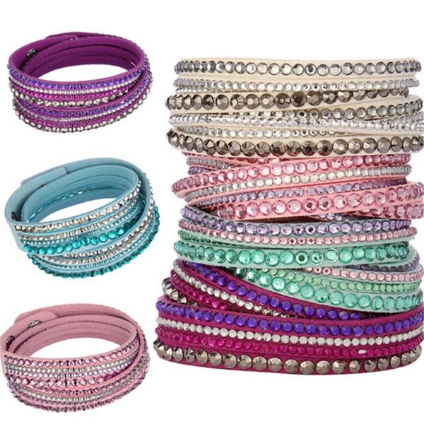 

fashion multilayer wrap bracelets slake deluxe leather charm bangles with sparkling crystal women sandy beach fine jewelry gift, Golden;silver