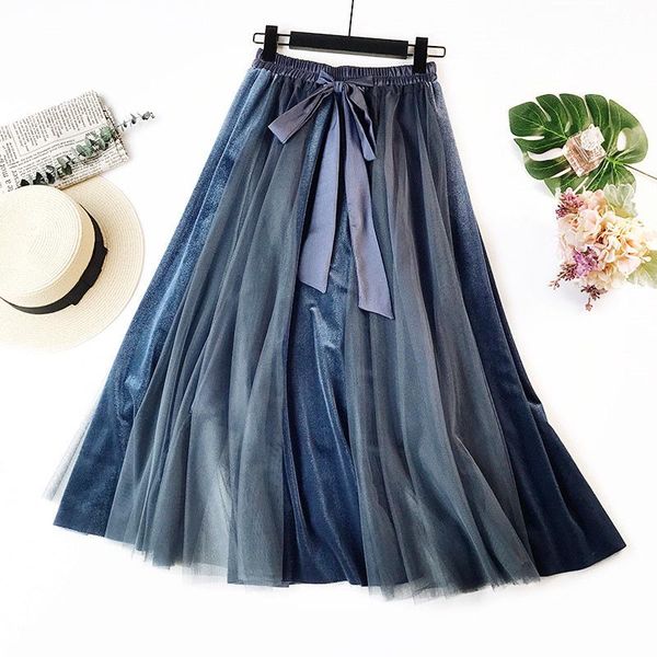 

skirts autumn and winter big swing long skirt high waist half net yarn, Black