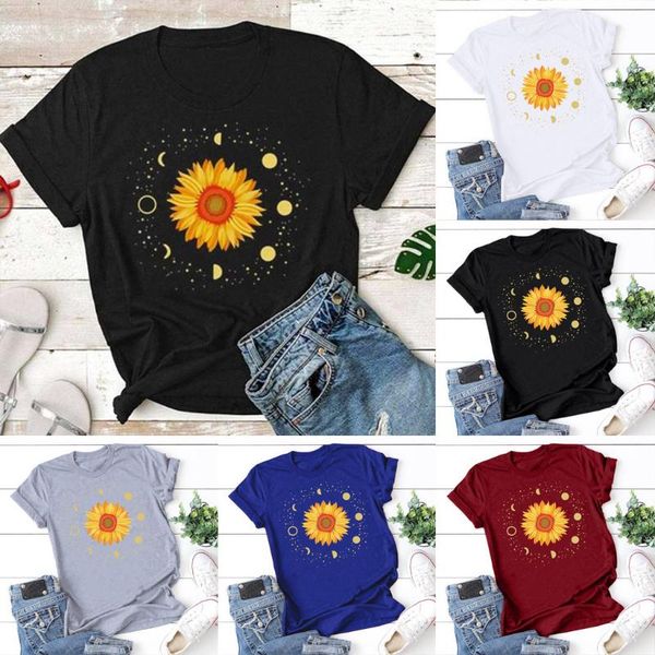 

women's t-shirt s-3xl 2021 summer women fashion dream sun flower print t-shirts casual solid color loose short sleeve design printing, White