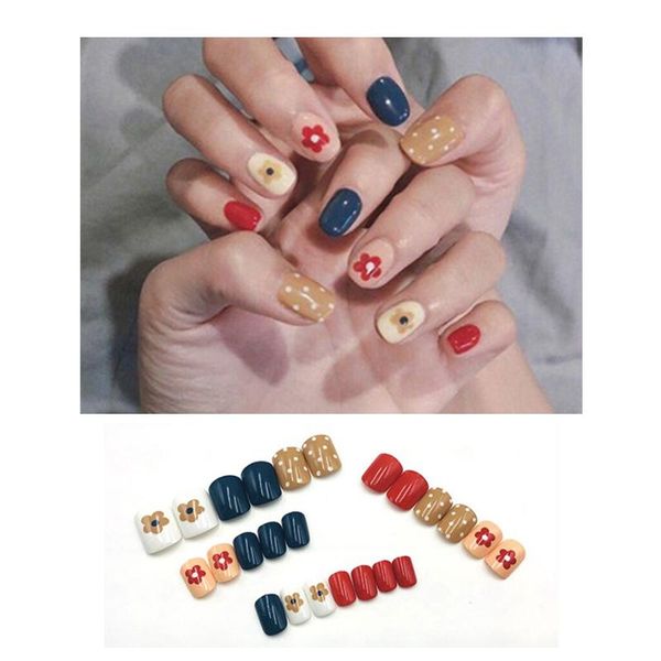 

false nails 24pcs acrylic full cover cute fake nail finger tips solid decoration removable stickers short, Red;gold