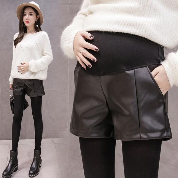

maternity bottoms clothes autumn and winter loose casual plus velvet super soft pu leather shorts skirt belly lift boots pants, White