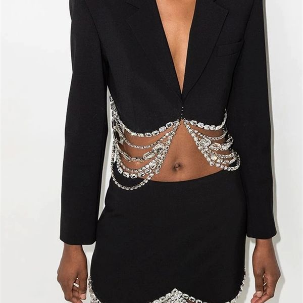 

70% off outlet online spring women clothing black deep v-neck short slim suit drape diamond chain open waist long-sleeved jacket streetwear, White;black