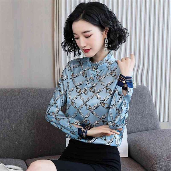 

2020 runway silk satin ruffle shirt luxury women long sleeve mock neck printed ladies button blouses plus size office designer shirts, White