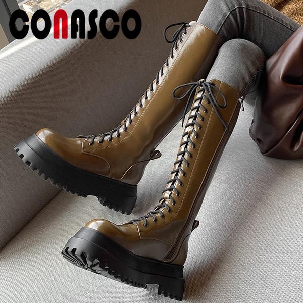 

boots conasco concise elegant women knee high autumn winter warm party prom office brand flatforms punk shoes woman, Black