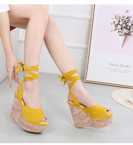 

14cm high heel wedges sandals fishmouth open toe bohemia ankle strap, Black