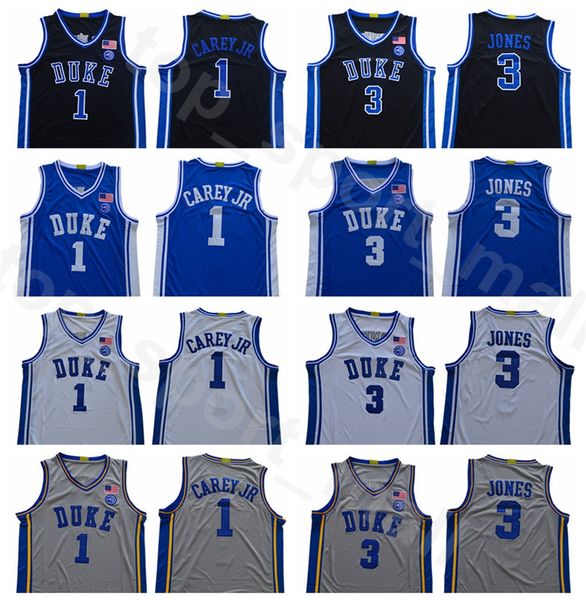 

duke blue devils college basketball vernon carey jr jersey tre jones 3 kyrie irving 1 stitched black white grey home away