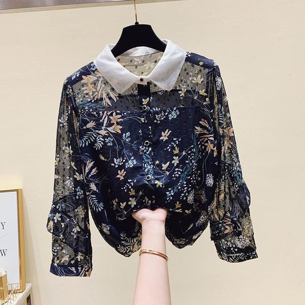 

women spring autumn chiffon printing loose long sleeve lace shirts female turn down collar patchwork blouses t38 women's &, White