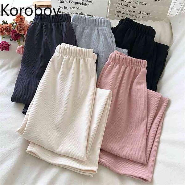 

korobov stretch waist wide leg pants women solid color casual loose trousers female korean chic fashion straight pantalones 210430, Black;white