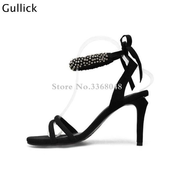 

crystal beading peep toe black woman leather sandals high heels back lace up ladies party dress shoes zapatos mujer