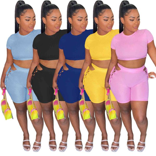 Frauen Trainingsanzüge Sommer Shorts Sets Zweiteilige Hosen Einfarbig Sommer Mode Casual Strap Rib 5-farbe Sport Kurzarm