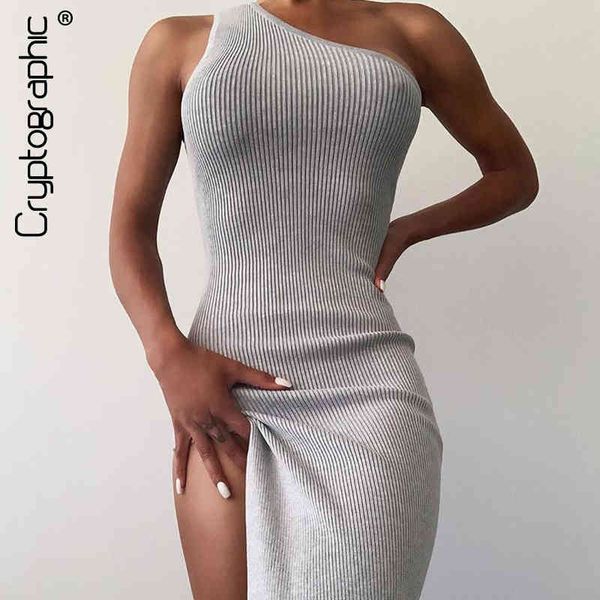 

cryptographic elegant split midi dress bodycon sleeveless 2020 fall one shoulder knitted solid dresses women club party dressess x0521, Black;gray