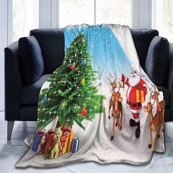 

Blanket Flannel Fleece Blanket Reindeer with Jingle Bells Gather Around Father Christmas Tree with Presents Lightweight Super