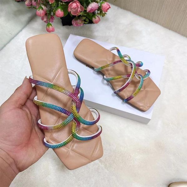 

slippers women fancy diamond female crystal summer shoes ladies casual square toe flat woman comfortable slides plus size, Black