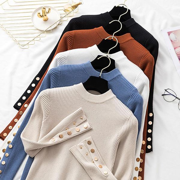 

women's sweaters women pullover sweater 2021 winter clothes ribbed o-neck buttoned long sleeve solid casual slim knit ladies, White;black