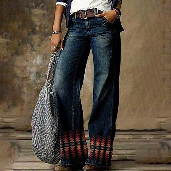 

women's jeans fashion casual printed pockets straight pants vintage wide leg high waist loose denim trousers pantalones mujer#35, Blue
