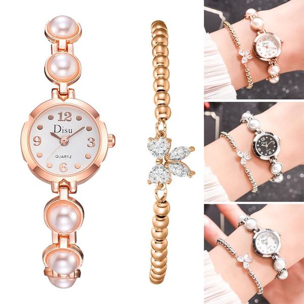 

wristwatches fashion women casual watch elegant round dial alloy pearl band for girls party ik88, Slivery;brown