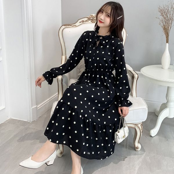 

casual dresses dresses autumn bow-neck polka dot chiffon women all-match full sleeve elastic waist female dress vestidos femme vt67, Black;gray