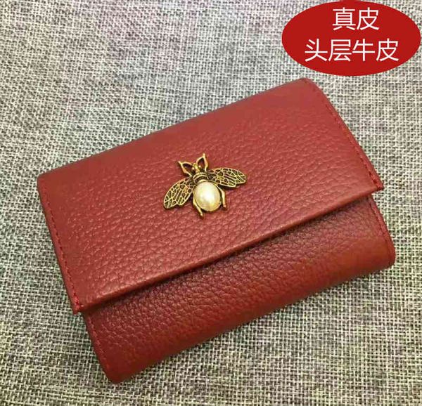 

new lychee pattern leather women's folding wallet bee lock leather wallet versatile wallet, Red;black