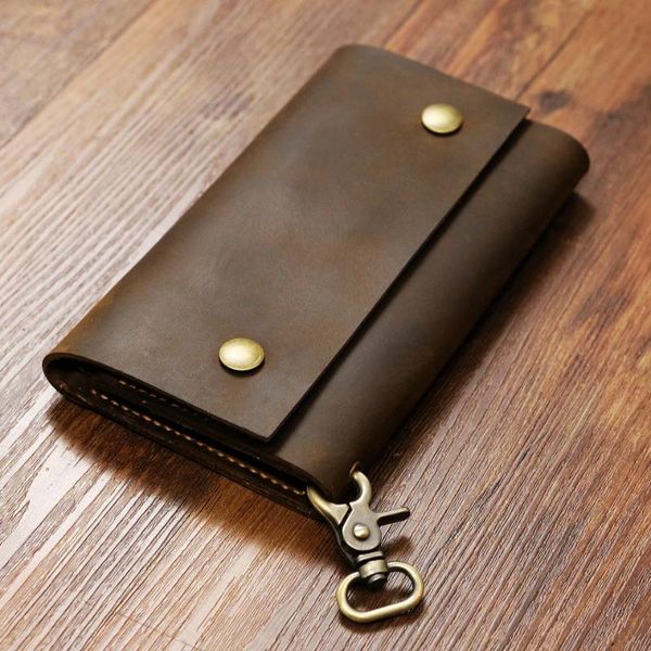 

wallets hand stitch rustic vintage leather mens bifold vertical chain wallet / men biker trucker with zipper pocket, Red;black