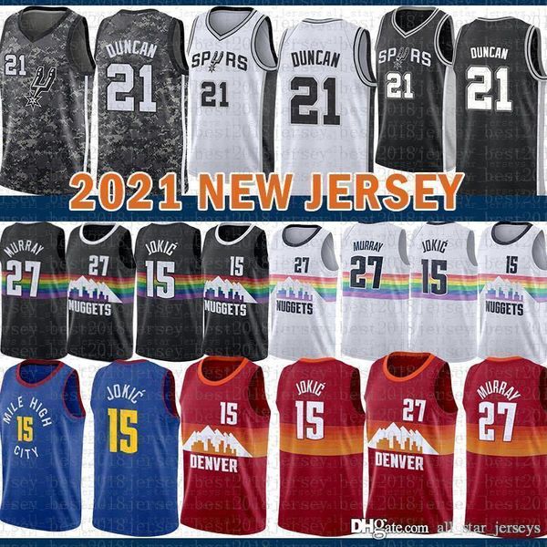 

men's 2021 new basketball jersey denver nuggets san mens antonio spurs nikola jamal 27 murray 15 jokic tim 21 duncan purple, Black;red