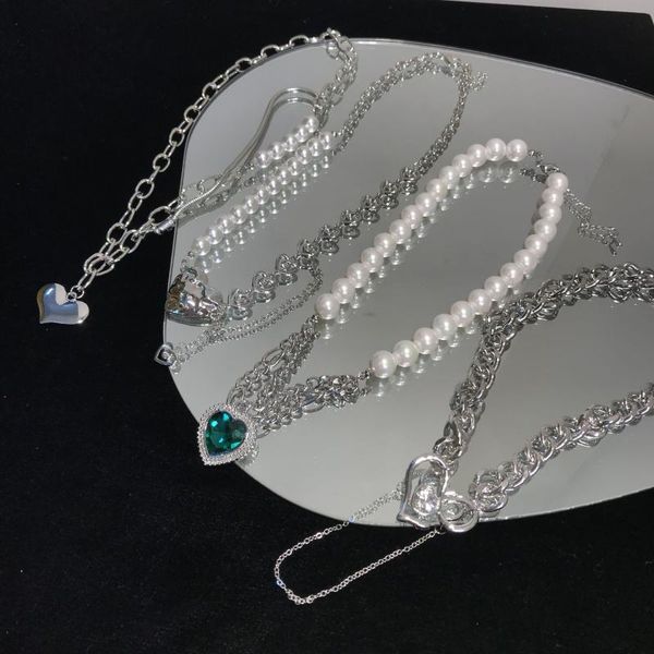 

pendant necklaces heart necklace temperament hollow green crystal pearl silver color stitching clavicle chain female