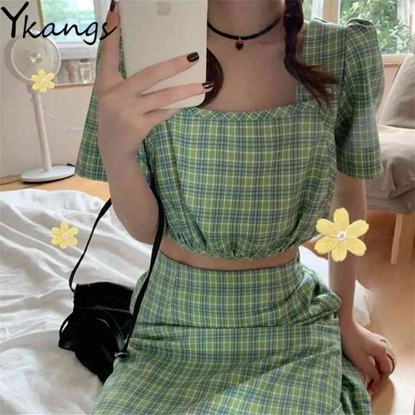 

vintage green plaid short shirt and high waist slim long skirt women's summer korean two-piece girls' sweetown suits streetwear 21, White