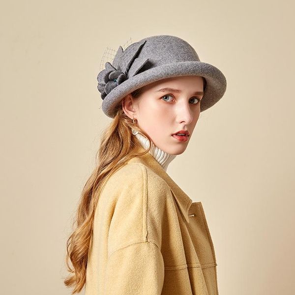 

beanies hat female fall winter flower bucket curl woolen british retro bowler