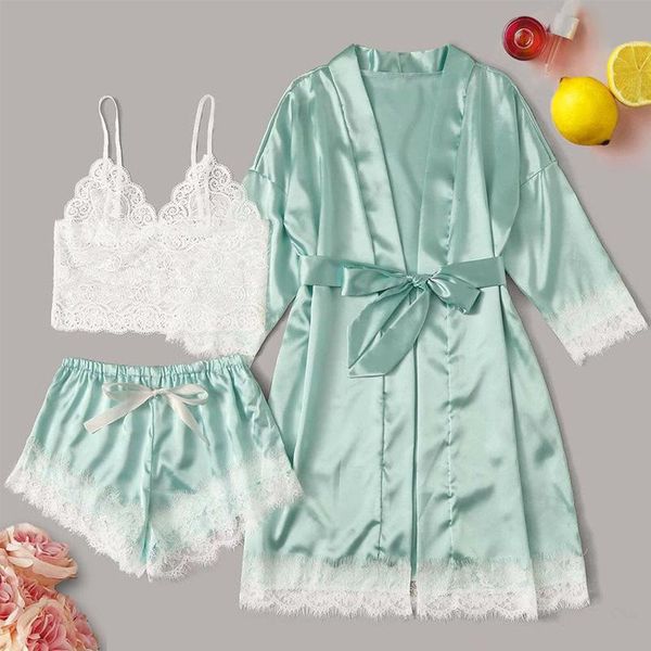 

women's sleepwear female three-piece suit satin pajamas lace sleeveless bow shorts home nightwear women nighty&robe set -2xl, Black;red