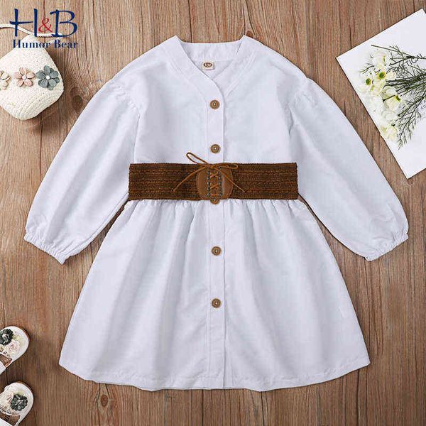 Humor Urso Meninas Camisa Vestido 2022 Primavera Outono Puff-Manga Cor Sólida com Cinto Princesa Vestido Casual Crianças Roupas G1215