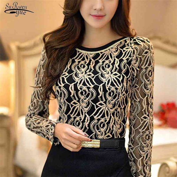 

blusas plus size lace chiffon blouse korean women elegant vintage shirt long sleeve black chic clothing 651e05 210421, White