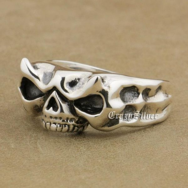 

cluster rings 925 sterling silver skull ring 10mm width mens biker punk ta14 us size 7~14, Golden;silver