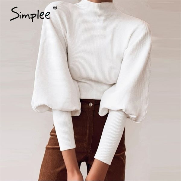 

autumn winter knitted sweater high collar lantern sleeve loose women's street fashion pullover jumper 210922, White;black