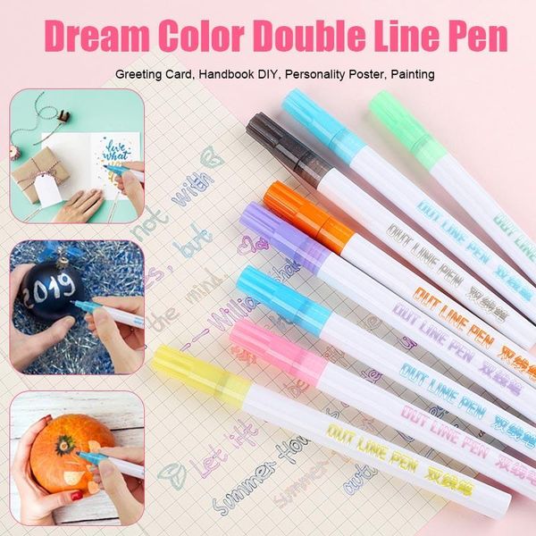 

highlighters 8 colors/set gift card writing drawing pens double line outline pen stationery office supplie, Black;red