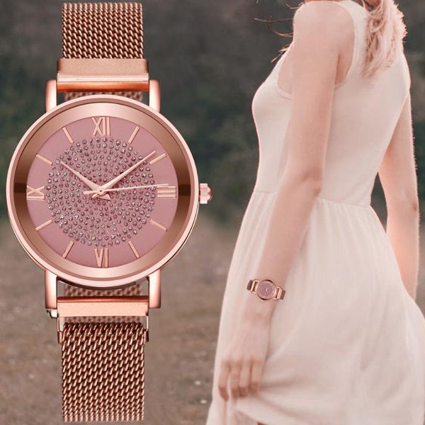 

watches for women stylish ladies gold bracelet stainless mesh magnetic buckle quartz wristwatch wristwatches, Slivery;brown